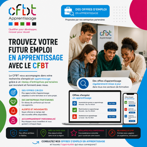 offres d’emploi en apprentissage proposées par les entreprises partenaires du CFBT