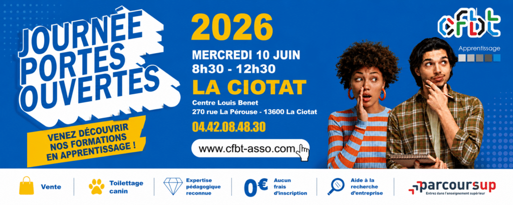 Journée portes ouvertes du CFBT le 10 juin 2026 à La Ciotat pour découvrir les formations en vente et toilettage canin en apprentissage